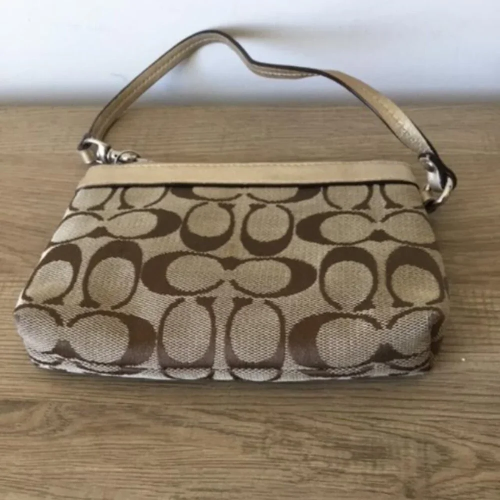 Coach Pleated Wristlet in Khaki and Tan Signature C Jacquard w/Gold Leather Trim - Picture 9 of 10
